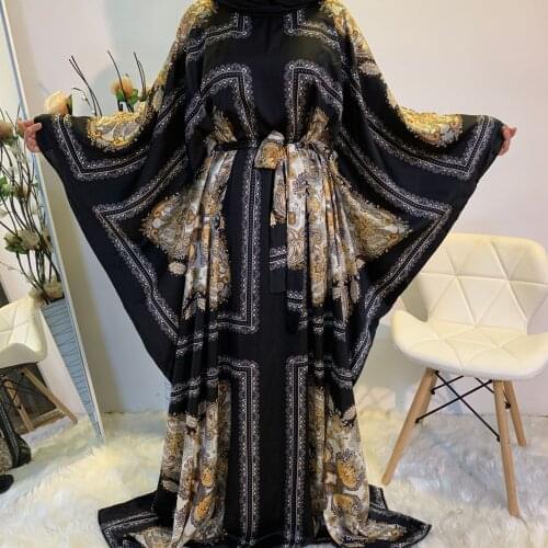 Fashion Printing Elegant Loose Muslim Robe Bat Sleeve Plus Size Womens Dress Moroccan Ethnic Style Gown Muslim Woman Kimono