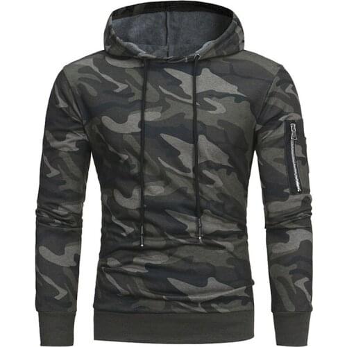 Mens Camo Hoodie with Polar fleece Casual Camouflage Sweatshirts Pullover with One Pocket on Sleeve AW21 Male Hoody Clothes