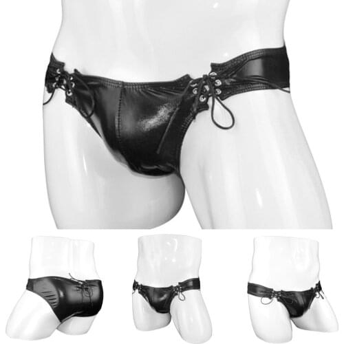 Men Sexy Underwear Faux Leather Briefs Low Waist Pouch Underpant Bandage Bikini Boxers Shorts Exotic Convex Pouch Sexy Lingerie