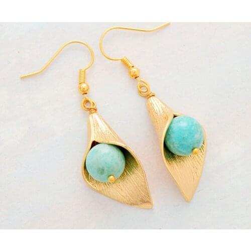 New Women Earrings Gold Tone Flower Amazonite Charm Bold Earrings Unique Jewelry Mothers Day Gifts