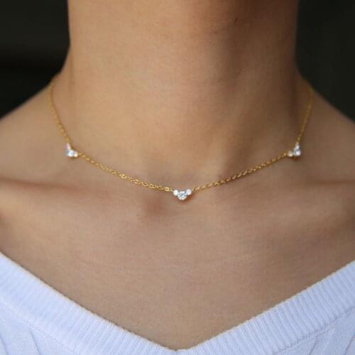 Three stone charm link chain gold color women girl choker simple chain three cluster cz delicate fashion necklace