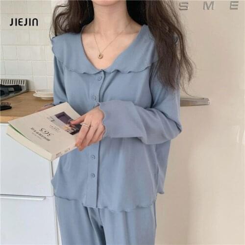 Sweet Spring Autumn Gentle Women RufflesTwo Piece Solid Long Sleeve Pant Pajamas Cotton 2021 Chic Fashion Home Suit
