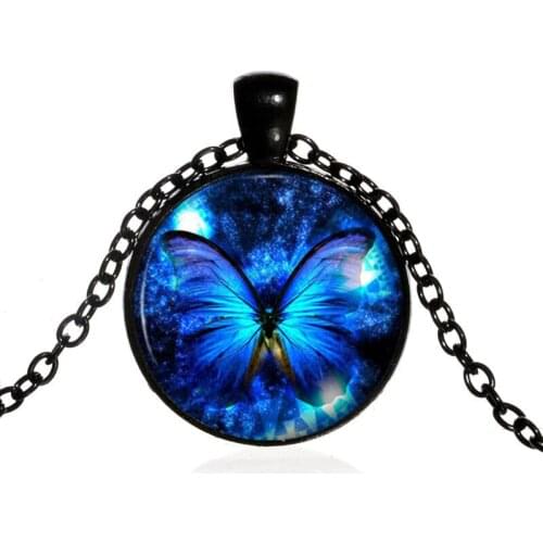 Hot Blue Butterfly Pendant Necklace fashion vintage Glass pendant dome Cabochon Round Pendant steampunk necklace Jewelry