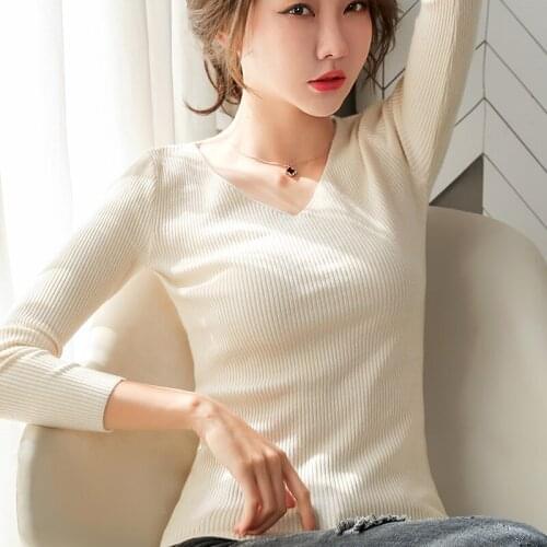 Pullover Sweater V-neck 2020 Autumn Winter Thick Sweater Women Knitted Ribbed Long Sleeve Slim Jumper Soft Warm Pull Femme
