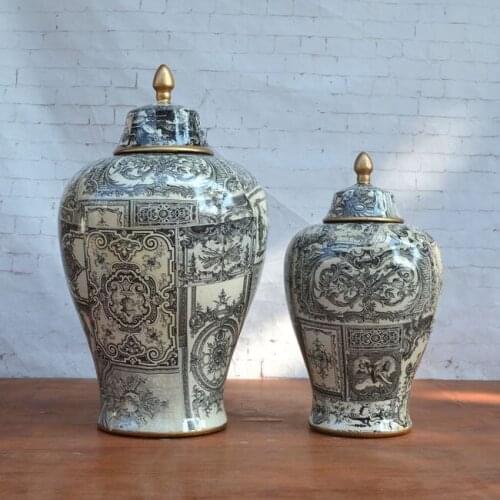 Retro Nostalgic Furnishings Black And White Ceramic temple Jar 2 Sets Of New House Room Soft Decoration porcelain Ginger jar