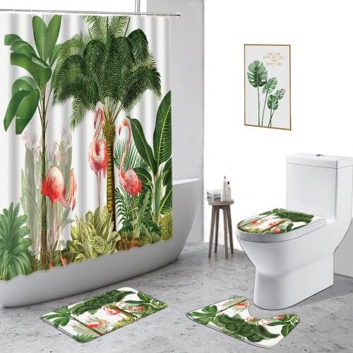 Tropical Animal Flamingo Shower Curtain Green Plant Bathroom Decor Set Non-Slip Carpet Toilet Floor Mat Waterproof Bath Curtains