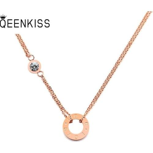 QEENKISS NC806 Fine Jewelry Wholesale Fashion Woman Girl Birthday Wedding Gift Round AAAZircon Titanium Stainless Steel Necklace
