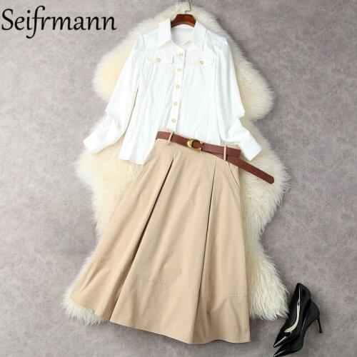 Seifrmann New 2021 Autumn Women Fashion Designer Skirts Set Lantern Sleeve Loose Blouses + High Waist A-Line Midi Skirts Suits