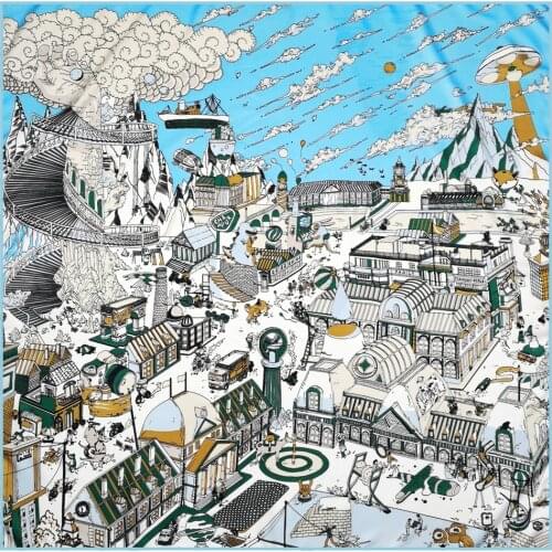 POBING Manual Hand Rolled Twill Silk Scarf Women Sky Town Print Square Scarves Echarpes Foulards Femme Wrap Bandana Hijab 90CM