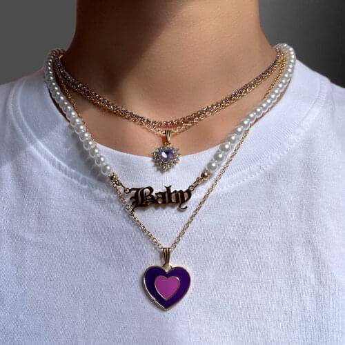 2021 New Imitation Pearls Beaded Letter Choker Necklace For Women Girls Shiny Heart Crystal Pendant Necklace Fashion Jewelry