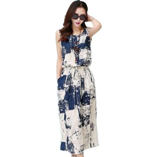 Women Summer Cotton Linen Casual O Neck Sleeveless Shrink Waist Dress Vintage Ink Printing Mid Calf Length Long Dresses Maxiskit