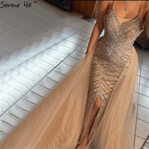 Gold Backless Mermaid Sexy Evening Dresses 2020 Dubai Crystal Beading Luxury Formal Dress Design Serene Hill LA70165