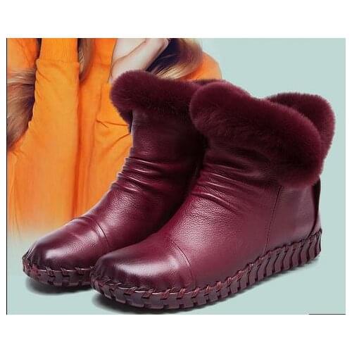 A68 Rex Rabbit Fur Winter Boots Genuine Leather Cowhide Womens Boots Cotton Shoes Soft-cotton Boots Womens Hand-stitched