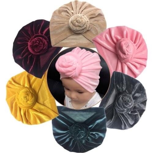 Baby Hats Pleated Girl Bow Beanies Gold Velvet Newborn Ear Warmer Indian Cap Toddler Winter Caps Rose Children Hair Accessories