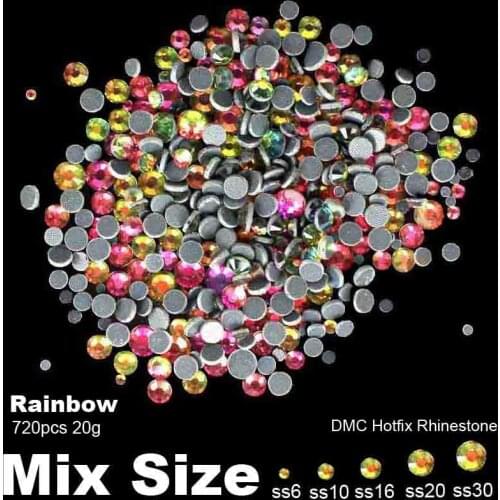 DMC Hotfix Strass Rhinestones Rainbow Mixed Sizes SS6 SS10 SS16 SS20 SS30 720pcs Glue Backing Iron On Glass Stone DIY Decoration