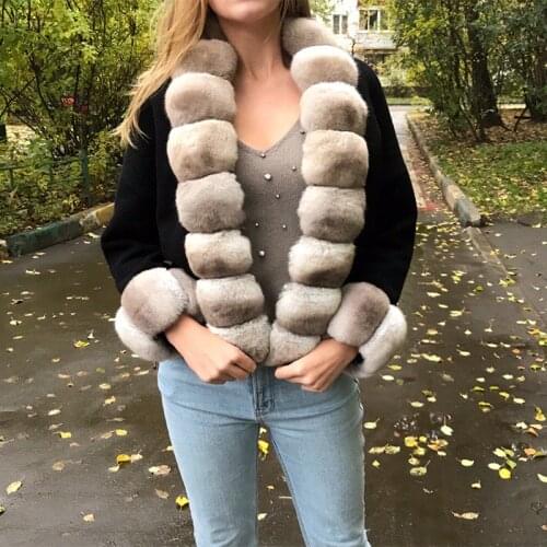 FURSARCAR 2021 New Design Cashmere Coat With Rex Rabbit Fur Jacket Women Fur Natural Rabbit Coats Fashion Short Woolen Fur