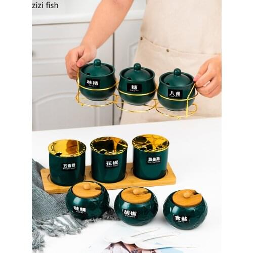 European-style Dark Green Ceramic Seasoning Container Household Kitchen Utensils Porcelain Salt Shaker Pepper Sugar Storage Tank