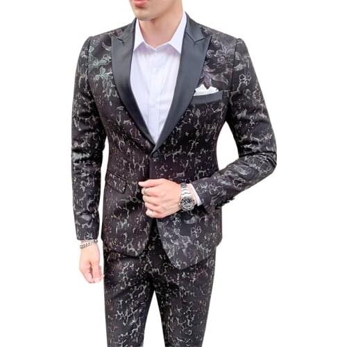 Blazer Suit Mens Luxury Printed Slim Two Piece Set Coat Pants Fashion Banquet Male Business Casual Dress Jacket Trousers