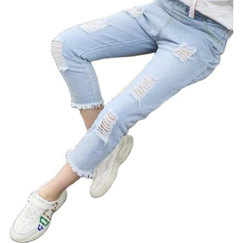 2021 Summer Girls Ripped Jeans Children Jeans For Kids Baby Clothes Denim Pant Girls Broken Hole Jeans 3-12Y