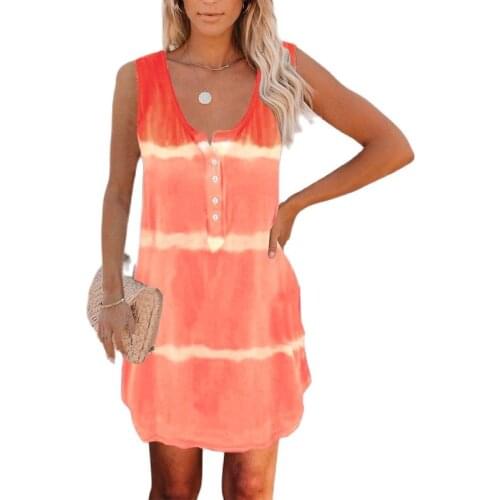 Summer 2021 Womens Fashion Tie Dyed Sleeveless Mini Dress Casual Loose V-neck Button Stitching Womens Clothing Sexy Dresses