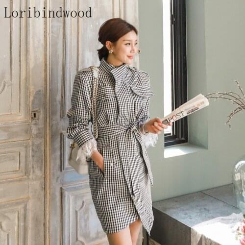 2020 Korean professional ladies fashion houndstooth belt slim windbreaker dress