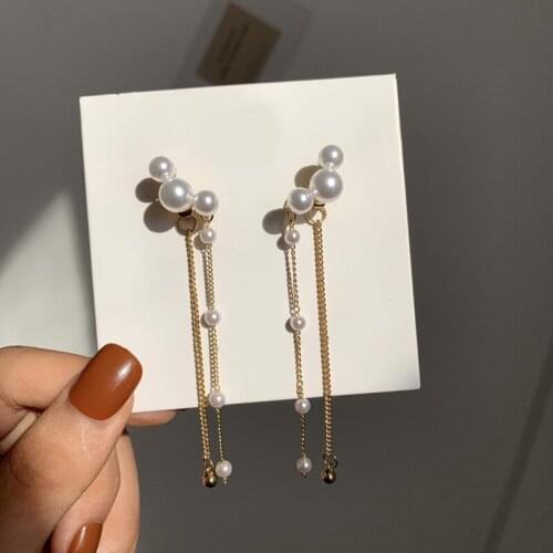 2 Pcs/Set Sweet Women Earrings Geometric Pearl Long Tassel Pendant Gold Earring Set Elegant Fashion Dance Party Jewellery