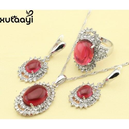 XUTAAYI Created Red Garnet Fashion Silver Jewelry Sets Superb Necklace Rings Earrings Wedding Jewelry