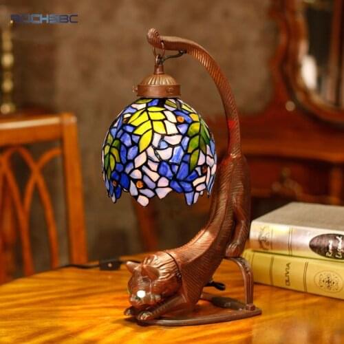 BOCHSBC Table Lamp Retro Style Garden Story Grape Stained Glass Lampshade Cat Stands Lamp Living Room Hotel Bedside Lights