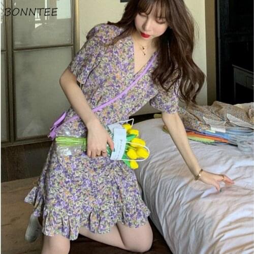 Print Dress Women V-Neck Above Knee Stylish Elegant Sweet Short Sleeve Female Vestidos Summer Gentle BF Style Shirring Chiffon