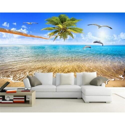 Beibehang Custom personality wallpaper beautiful sea view coconut trees vast sea dolphin TV backdrop wallpaper for walls 3 d