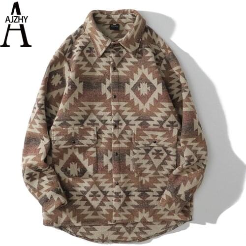 AJZHY Casual Shirt Jackets Thick Winter Geometric Pattern Long Sleeve Flannel Shirt Hip Hop Streetwear Harajuku Pockets Shirts