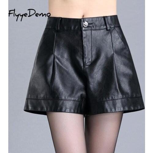 Autumn Winter Female Shorts Wide Leg Shorts Casual Leather Loose High Waist Shorts Women PU Zipper Loose Cool Shorts Plus Size