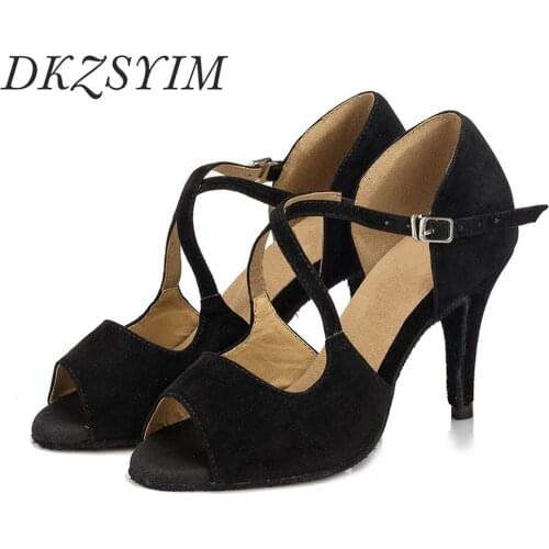 DKZSYIM Black Latin Dance Shoes Women Ballroom Dance Shoes Flock Cha Cha Tango Salsa Dancing sandals High Hells 6-10CM Wholesale