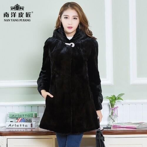 Medium-long hooded slim full pelt real mink fur coat winter outerwear female mink fur jacket women overcoat