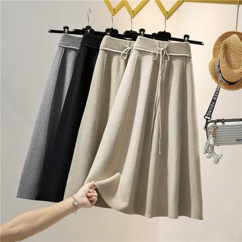 2021 Autumn Winter Women Elegant Thick Knitted Skirt Female Solid Loose Warm Pleated Faldas Lady High Waist A-line Skirt Q224