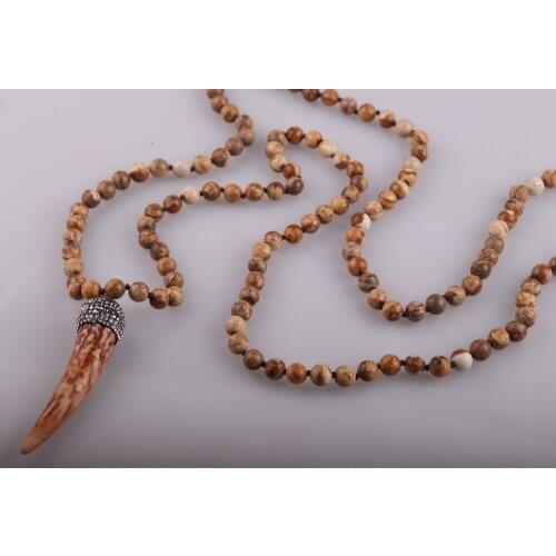 Free Shipping Fashion Long Knot Beads Halsband Picture Stones Ox Horn Pendant Necklace
