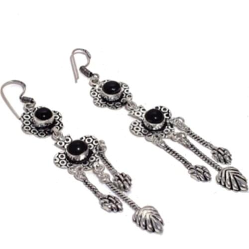 Black Onyx , Silver Overlay on Copper Earrings ,94 mm , E4519