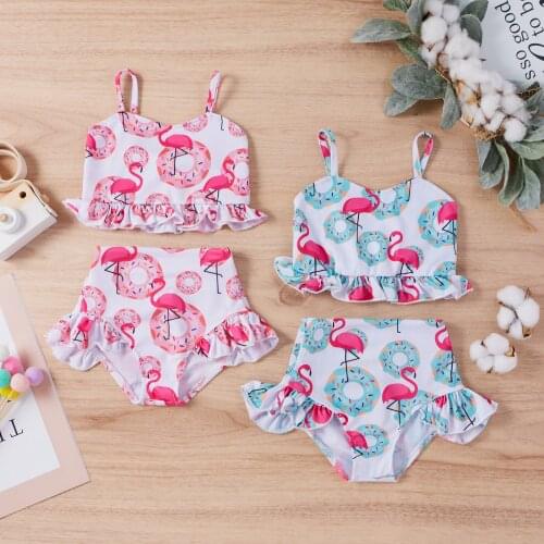 FOCUSNORM 0-4Y Summer Infant Girls Bikini Sets 2pcs Cartoon Print Ruffles Sleeveless Vest Tops Shorts Swimwear
