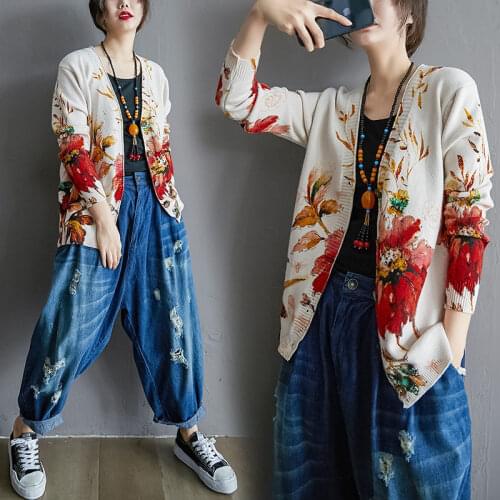 Literary Retro Printing Knitted Cardigan Womens Autumn Loose Large Size Casual Wild Long-sleeved Sweater Coat Shirt Jacket r75