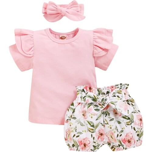 2021 3Pcs Baby Summer New Clothes Set Infant Baby Girl Short Sleeve T-Shirt+Floral Tutu Shorts+Headband Outfit 0-24M