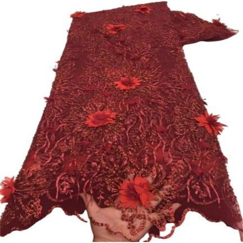 Red Nigerian Mesh Net Lace Fabric African 3D flower Beads Lace Fabric High Quality French Mesh Tulle Lace Fabric with Sequins