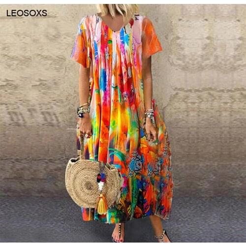 Summer Womens Dress 2021 New Printed Round Neck Loose Short Sleeve Dresses Casual Beach Vacation Travel Dress