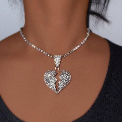 Personality Broken Heart Crystal Tennis Chain Necklace Bling Rhinestone Pendant Jewelry For Women Men New Trendy Necklace Collar