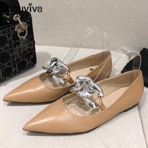 New Metal Chain Flat Casual Shoes Woman Slip On Loafers Point Toe Leather Ballet Shoes Women Spring Ladies Flat Shoes 2021