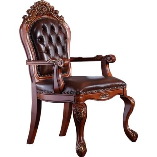 Furniture American Solid Wood Backrest Dining Chair European Style Carved Leather Study Lounge Chair Book Chair