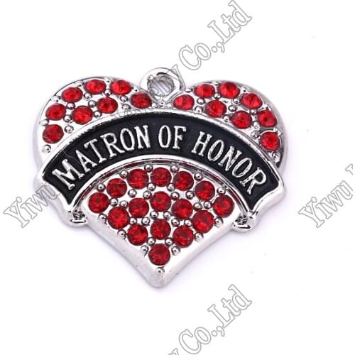 New Arrival 20 pcs a lot rhodium plated MATRON OF HONOR with red/pink/blue/white crystal heart pendant Best-Selling
