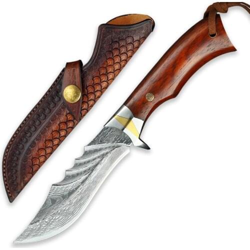 Hunting knife Damascus steel outdoor camping multifunctional practical fin knife self-defense cutting tool hand-forged knife