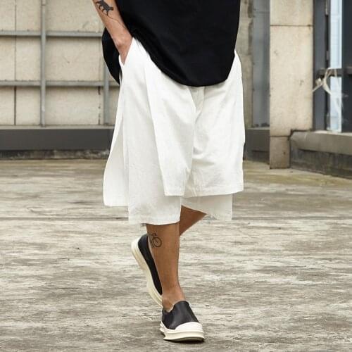 Original summer linen shorts male Chinese style seven-point pants group pants wide-leg cotton and linen loose beach pants seven
