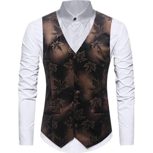 Luxury Maple Leaf Print Vest Men 2020 Brand New Leisure Sleeveless Vest Waistcoat Mens DJ Club Party Wedding Groom Vests Male