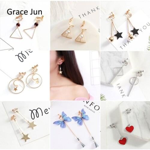 Grace Jun Top Quality Handmade Natrual Stone Geometric Tassl Clip on Earrings Wihtout Piercing for Girls Earrings Korea Style